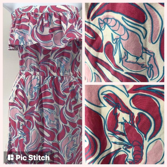 Womens Sporty Beach Strapless Pink Lobster Ruffled Cover Up Pockets Dress Sz L - Picture 3 of 14